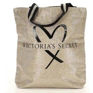 Victoria's Secret Tote Bag Gold Glitter Large Tote Bag VS Logo Purse New